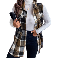 M Coats Shein Essnce Plus Size Plaid Pattern Flap Detail Sleeveless Coat