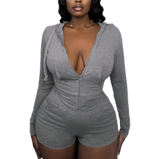 XL Jumpsuits & Overalls Shein Slayr Casual Street Style Gray Hooded Crop Top & Tight Shorts Two-Piece Set With Front Zipper - Z