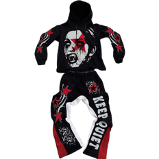 Black - Men Jumpsuits & Overalls Shein Manfinity EMRG Men's Street Style Dark Gothic Black And Red Color-Block Graffiti Hooded Sweatshirt And Pants Set,Streetwear, Men Two Pieces Outfits,Black And White Outfits, Halloween