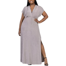 Gray - Women Dresses 24seven Comfort Apparel Front Slit Empire Waist Knit Maxi Dress Plus Size - Grey