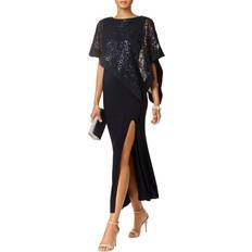 Blue - Women Dresses R&M Richards Sequined Lace Cape Gown - Navy