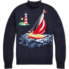 Christmas Sweaters - L - Men Ralph Lauren Sailboat Intarsia Cotton Sweater - Navy Combo