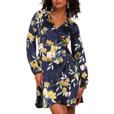 Lulus Love is Life Floral Print Satin Wrap Dress - Navy Blue