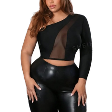 Shein SXY Plus Size Women's One Shoulder Contrast Mesh Crop Top Birthday Outfit Valentine Day Bachelorette Party Country Concert Spring Women Clothes,Suitable For Summer, Dating,Casul,Shopping, Streetwear,Going Out,Vacation,Beach,Coquette,Easy To Match&Looks Slim,Flatter The Figure