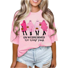 Shein Ezwear Halloween Short-Sleeved T-Shirts, We Wear Pink Short-Sleeved, Halloween Short-Sleeved, Ghoul Short-Sleeved, Let's Go Ghoul Short-Sleeved