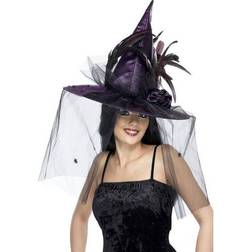 Smiffys Witch Hat Feathers & Netting Purple