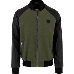 Urban Classics Cotton Bomber Leather Imitation Sleeve Jacket - Olv/Blk