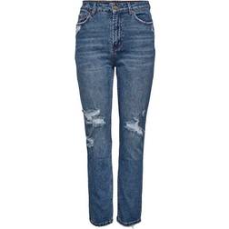 Only Emily Life Hw Destroyed Straight Fit Jeans - Blue/Medium Blue Denim