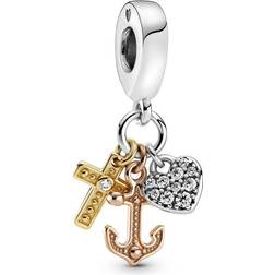 Pandora Tricolor Cross Heart & Anchor Pendant Charm - Silver/Gold/Rose Gold/Transparent