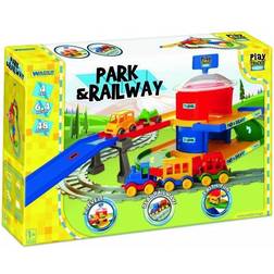 Wader 51520 51520-Play Tracks Railway Car Park and Railway Set of Tracks and Road with Approx. 6.4 m Length Includes 4 Vehicles and 48 Stickers 12 Months Colourful