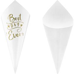 PartyDeco Cones Suitable to Throw Confetti with English Writing:"Best Day Ever" White 16 cm