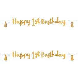 Amscan 9910304 9910304-Blue & Gold Happy 1st Birthday Foil Banner-1.8m, Blue