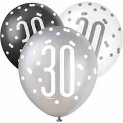 Unique Party 83385 Dots 30th Birthday Latex Balloons, 12" Assorted 6 Pcs, Black, Age 30