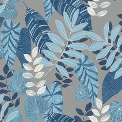 Seabrook Designs Tropicana Leaves Metallic Gray & Sky Blue Wallpaper blue