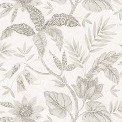 Boho Rhapsody Ivory and Daydream Gray Rainforest Leaves Unpasted Wallpaper