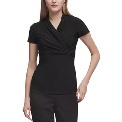 DKNY Petite Draped Surplice Blouse - Black