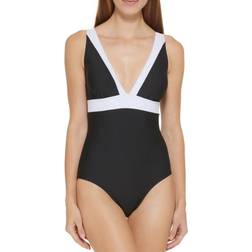 DKNY Plunging Colorblocked One-Piece Swimsuit - Black