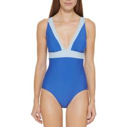 DKNY Plunging Colorblocked One-Piece Swimsuit - Lapis Blue