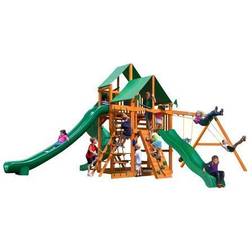 Gorilla Playsets Great Skye II Wooden Swing Set with 2 Green Vinyl Canopies, 3 Slides, and Built-in Picnic Table