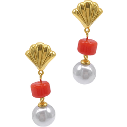 Adornia Shell Drop Drop Earrings - Gold/Pearl/Red