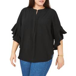 Vince Camuto Ruffle Sleeve Henley Blouse Plus Size - Black