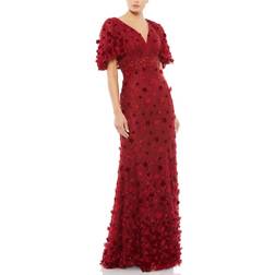 Mac Duggal Floral Applique Flutter Sleeve Gown - Burgundy