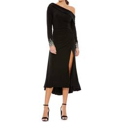 Mac Duggal One-Shoulder Long Sleeve Chiffon Midi Dress - Black