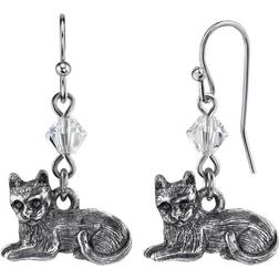 1928 Jewelry Detail Pewter Cat Wire Drop Earrings - Silver/Transparent