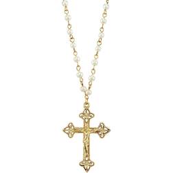 Simulated Chain Crucifix Cross Pendant Necklace - Gold/White