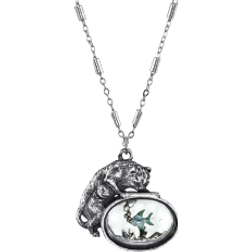 1928 Jewelry Pewter Cat with Fish In Glass Fishbowl Necklace - Silver/Blue/Green