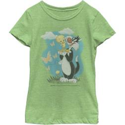 Fifth Sun Girl's Looney Tunes Sylvester & Tweety Bird Butterfly Portrait T-shirt - Green Apple