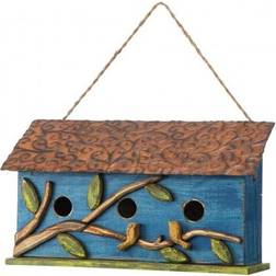 GlitzHome Oversized Distressed Solid Wood Cottage Birdhouse with 3D Tree and Birds 15.75"