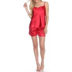 White Mark Satin Cami & Shorts Pajama Set - Red