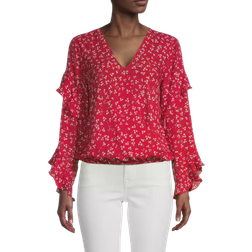 Max Studio Floral-Print Ruffle Top - Red