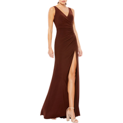 Mac Duggal Ruched Stretch Jersey V-Neck Gown - Chocolate