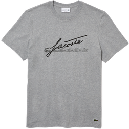 Lacoste Signature & Crocodile Print Crew Neck Cotton T-shirt - Grey Chine