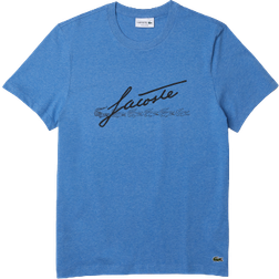 Lacoste Signature & Crocodile Print Crew Neck Cotton T-shirt - Blue Chine