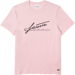 Lacoste Signature & Crocodile Print Crew Neck Cotton T-shirt - Pink