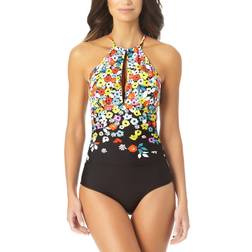 Anne Cole Ditsy Floral High-Neck One Piece Swimsuit - Flower Field Black Multi