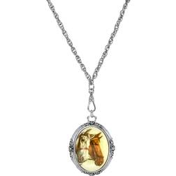 1928 Jewelry Horse Friends Oval Stone Swivel Pendant Necklace - Silver/White/Brown