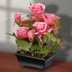 National Tree Company 10 in. Artificial Potted Pink Rose Flowers Figurine