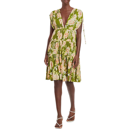 Rebecca Taylor Floral Print Tiered Mesh Dress - Wild Peony Green Combo