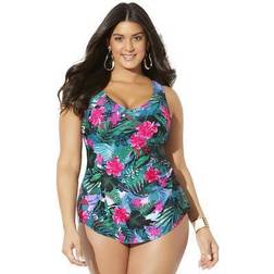 Plus Women's Sarong Front One Piece Swimsuit by Swimsuits For All in Floral (Size 10)