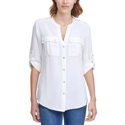 Calvin Klein Textured Roll Tab Button Down Shirt - Soft White