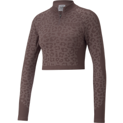 Puma Seamless Cropped 1/4 Zip Training Sweatshirt Women, Black/Leopard Print, Medium, Clothing