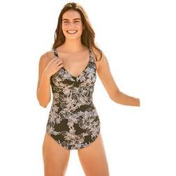 Plus Women's Shirred Sarong One Piece by Swim 365 in Stencil Floral (Size 28)