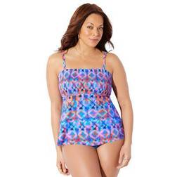 Swimsuits For All Plus Women's Smocked Bandeau Tankini Top in Multi Kaleidoscope (Size 14)