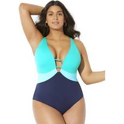Swimsuits For All Plus Women's Colorblock V-Neck One Piece Swimsuit in (Size 18)