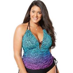 Swimsuits For All Plus Women's Plunge Tankini Top in Ombre (Size 10)