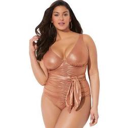 Swimsuits For All Plus Women's Tie Front Cup Sized Underwire One Piece Swimsuit in Sugar (Size E/F)